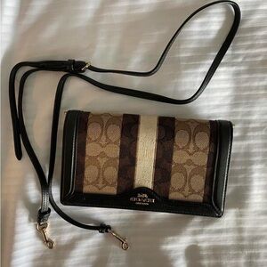 Coach Anna Foldover Black and Brown Signature Stripe Crossbody/Shoulder Bag